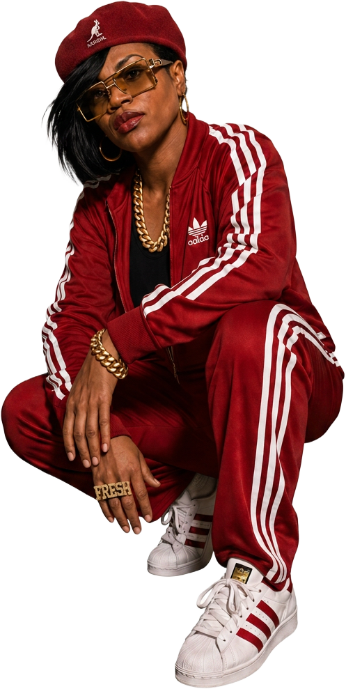 Mikini Williams, founder of DAY1044 Solutions, crouching in a red Adidas tracksuit, Kangol hat, and gold chains